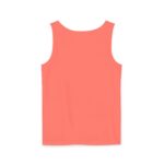 Back view of a coral sleeveless top on a white background.