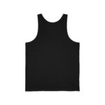 A plain black tank top viewed from the back, featuring a classic sleeveless design and a rounded neckline.