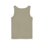 Back view of a plain olive green tank top with a rounded neckline.