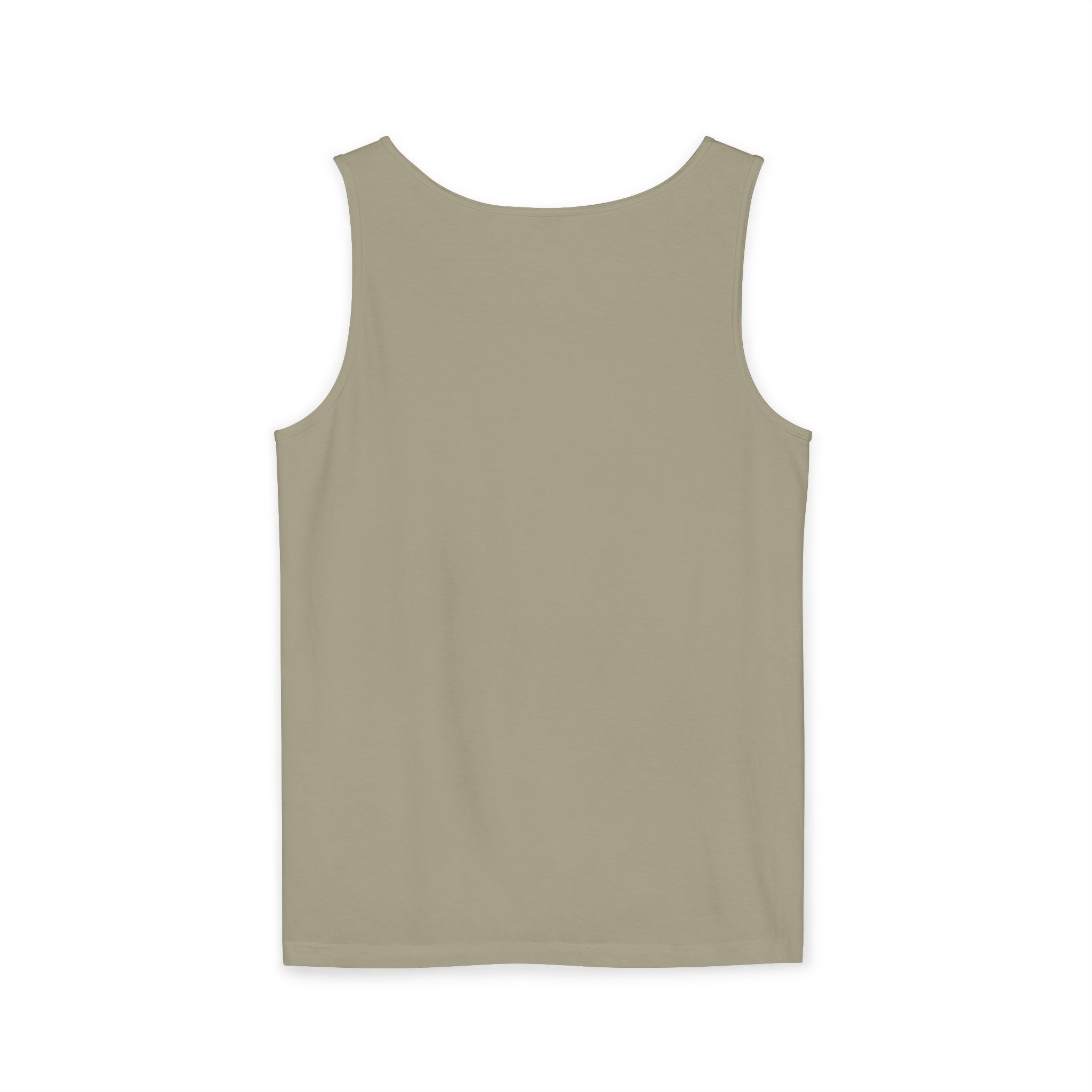 Back view of a plain olive green tank top with a rounded neckline.