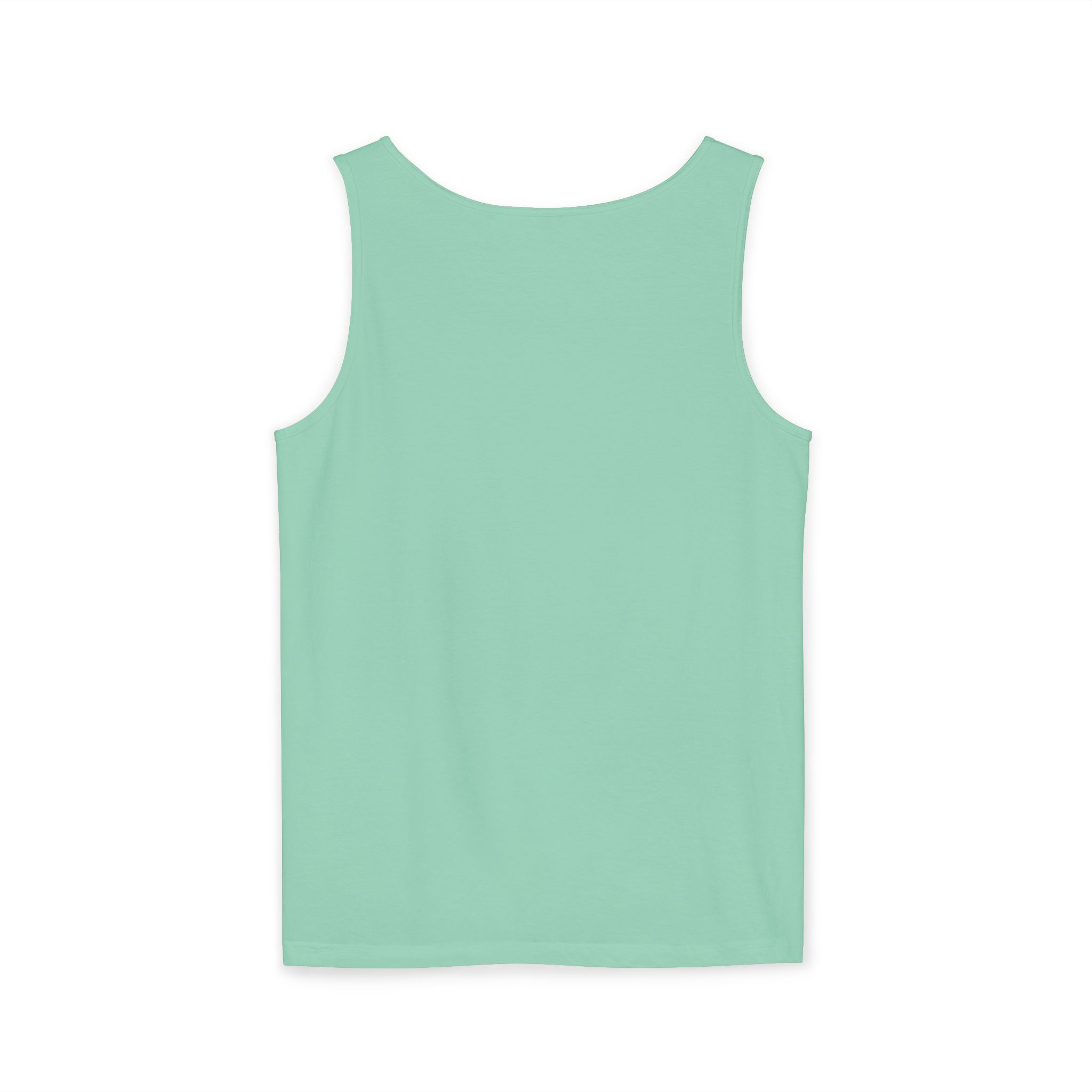 A back view of a mint green sleeveless top displayed on a white background.
