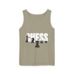 A beige tank top featuring the word "CHESS" in large white letters, accompanied by black silhouettes of chess pieces including a king, knight, queen, and rook.