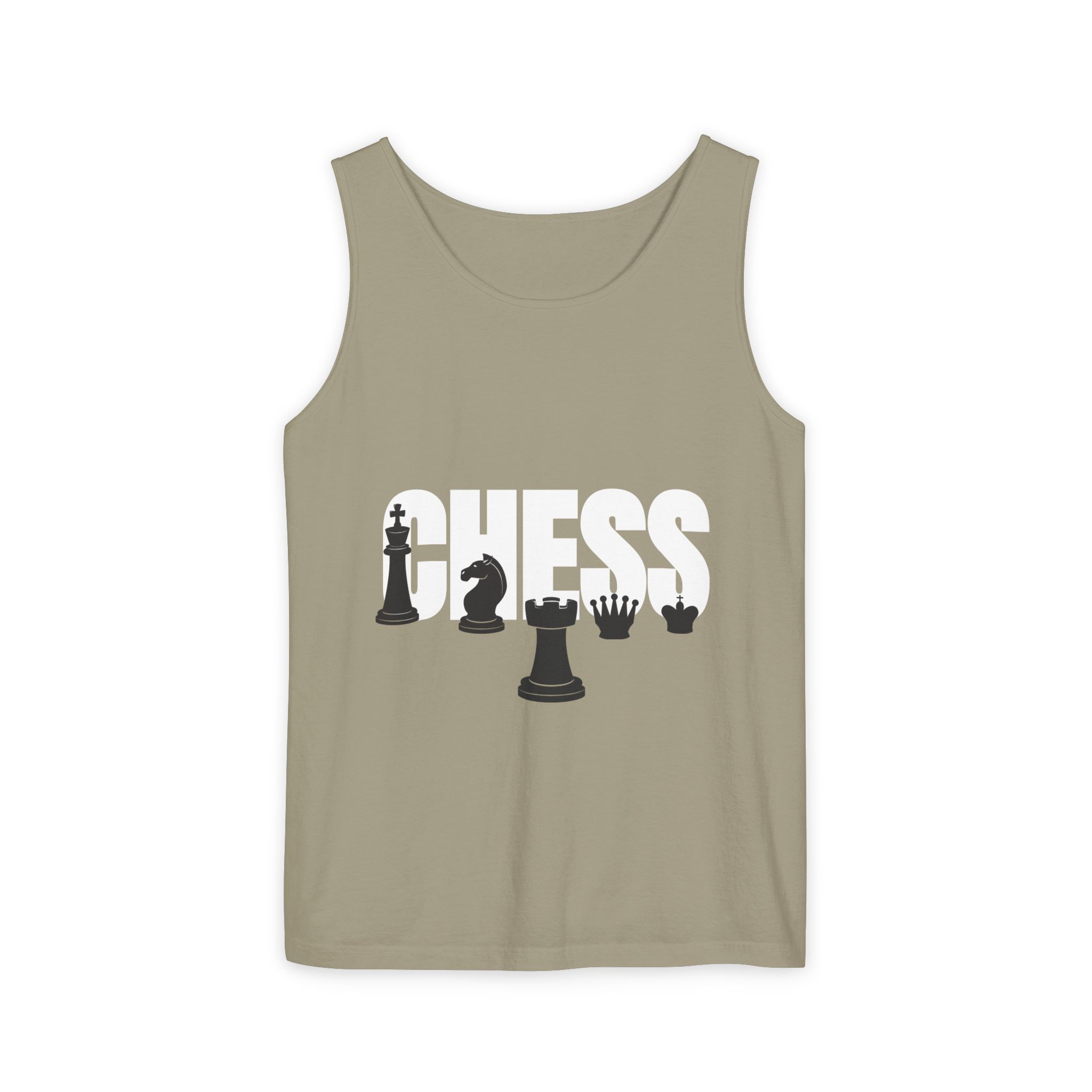 A beige tank top featuring the word "CHESS" in large white letters, accompanied by black silhouettes of chess pieces including a king, knight, queen, and rook.