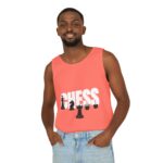 A man wearing a coral tank top with a bold "CHESS" graphic and chess piece illustrations.