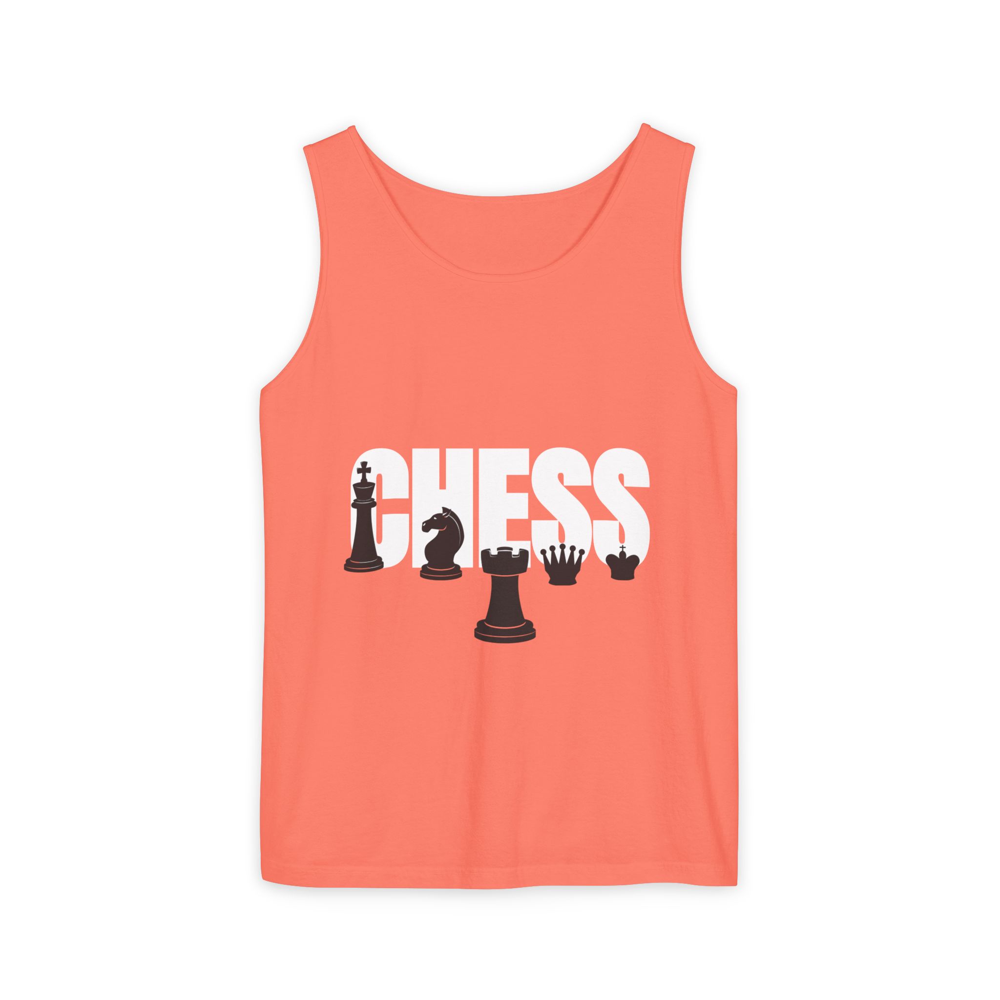 A coral tank top featuring the word "CHESS" in bold white letters, accompanied by illustrations of chess pieces.