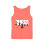 A coral tank top featuring the word "CHESS" in bold white letters, accompanied by illustrations of chess pieces in black on the left side.