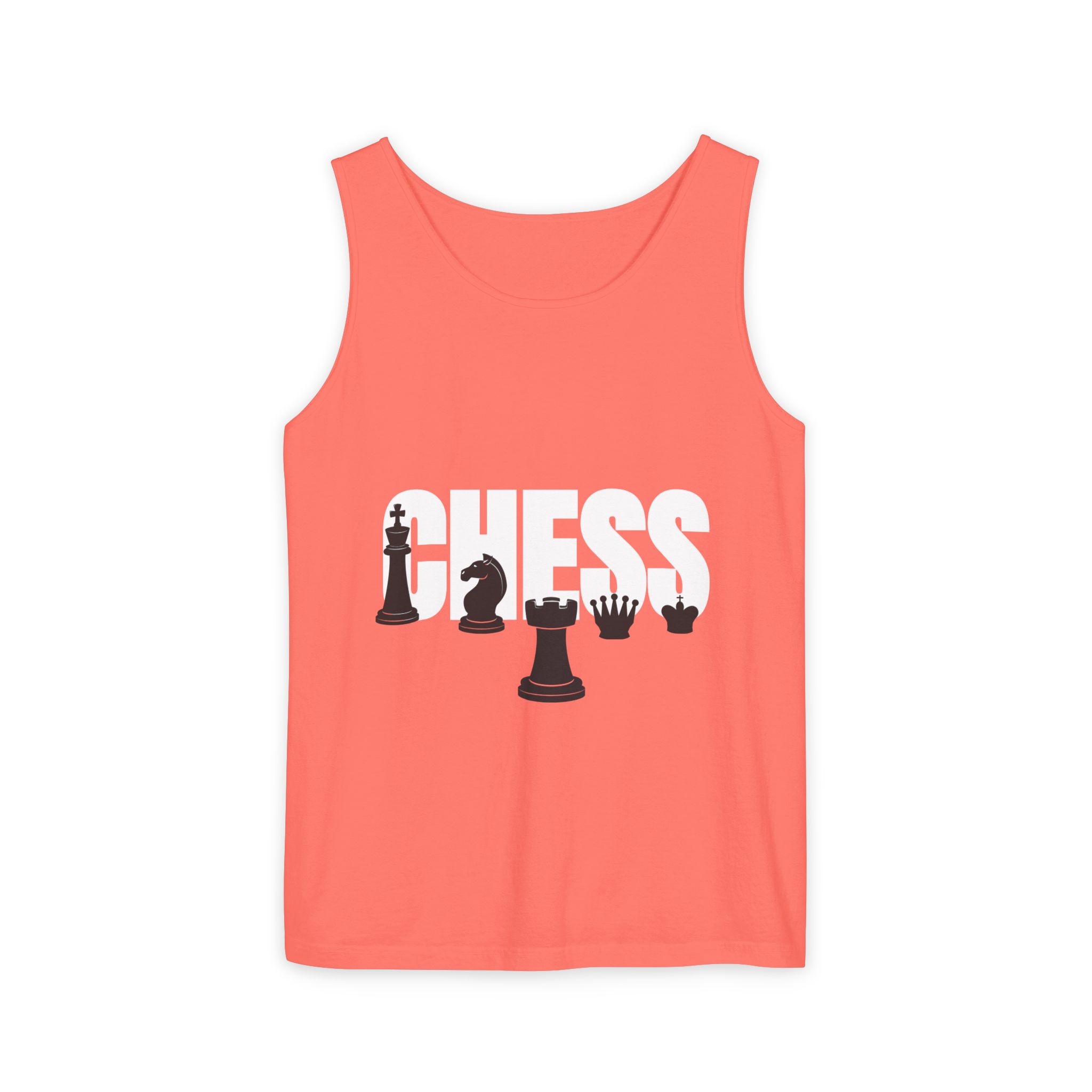 A coral tank top featuring the word "CHESS" in bold white letters, accompanied by illustrations of chess pieces in black on the left side.