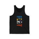 A black tank top featuring a dynamic silhouette of a basketball player jumping against a backdrop of colorful stripes in blue, yellow, black, and orange.