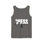 A gray tank top featuring the word "CHESS" with various chess piece silhouettes integrated into the design.
