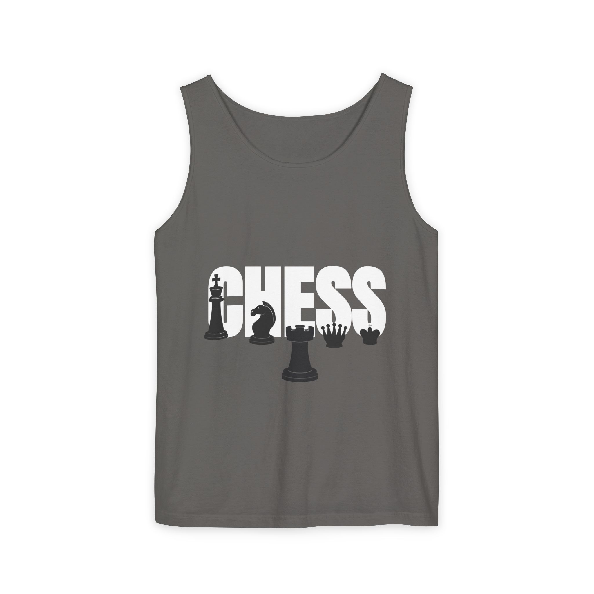 A gray tank top featuring the word "CHESS" with various chess piece silhouettes integrated into the design.
