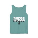 A teal tank top featuring the word "CHESS" with stylized chess pieces, including a king, knight, queen, and rook, displayed in a row.