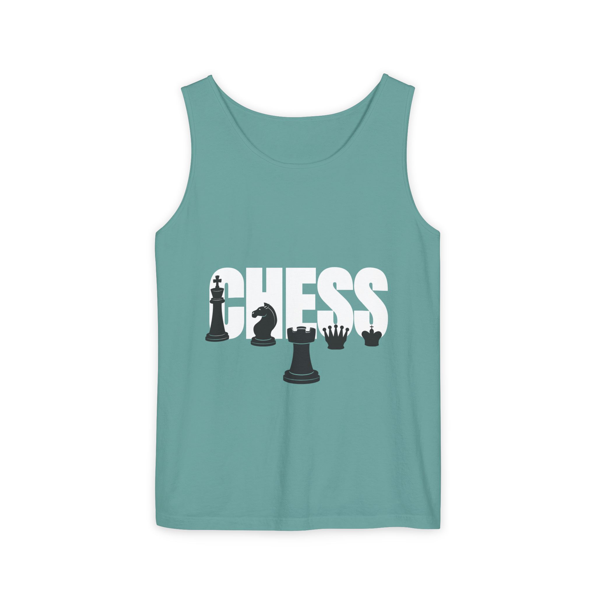 A teal tank top featuring the word "CHESS" with stylized chess pieces, including a king, knight, queen, and rook, displayed in a row.