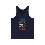 A stylish navy tank top featuring a dynamic basketball silhouette against a colorful striped background.