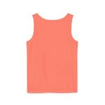 Back view of a coral-colored tank top against a white background.