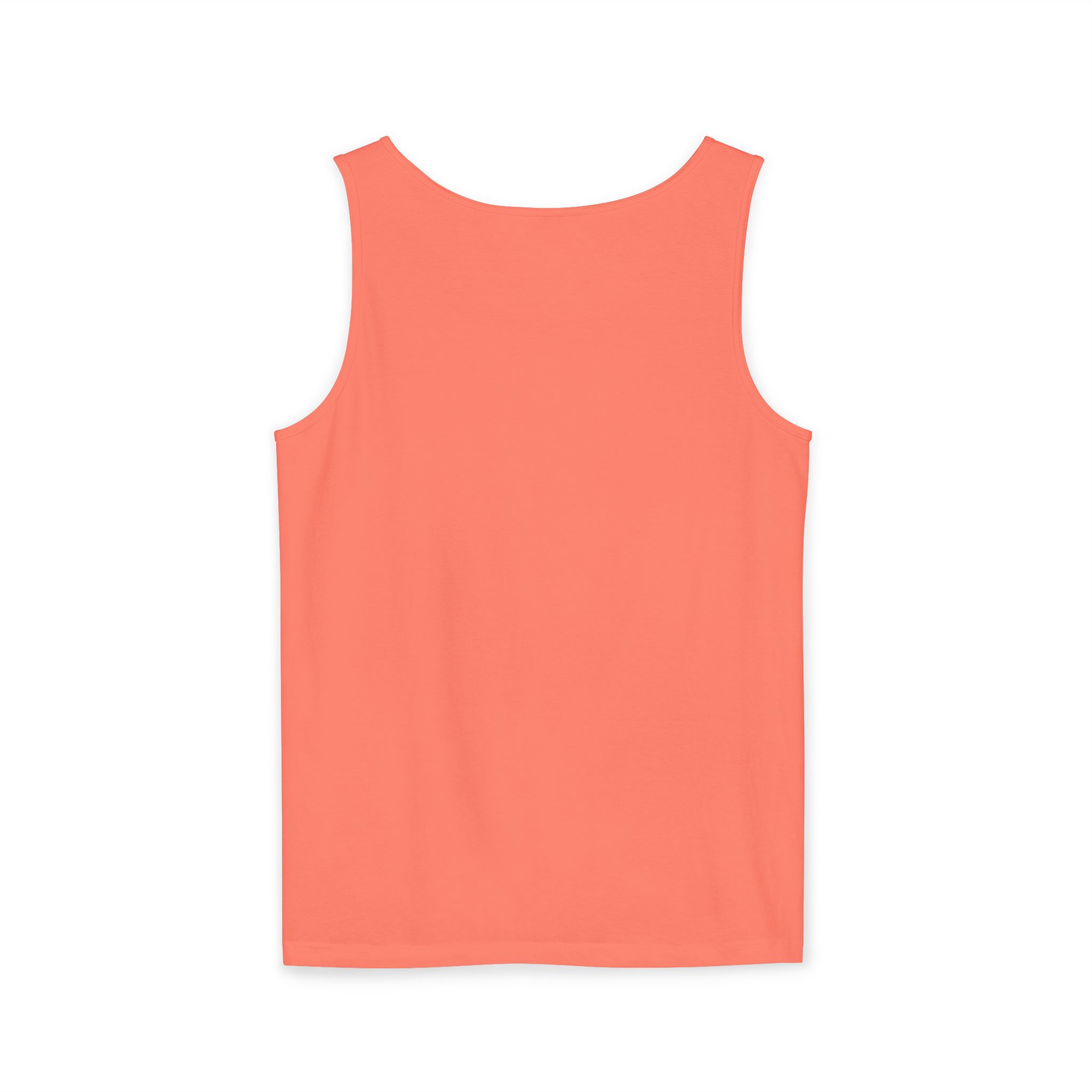 Back view of a coral-colored tank top against a white background.
