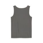 A plain gray tank top displayed from the back, showcasing its simple design and rounded neckline.