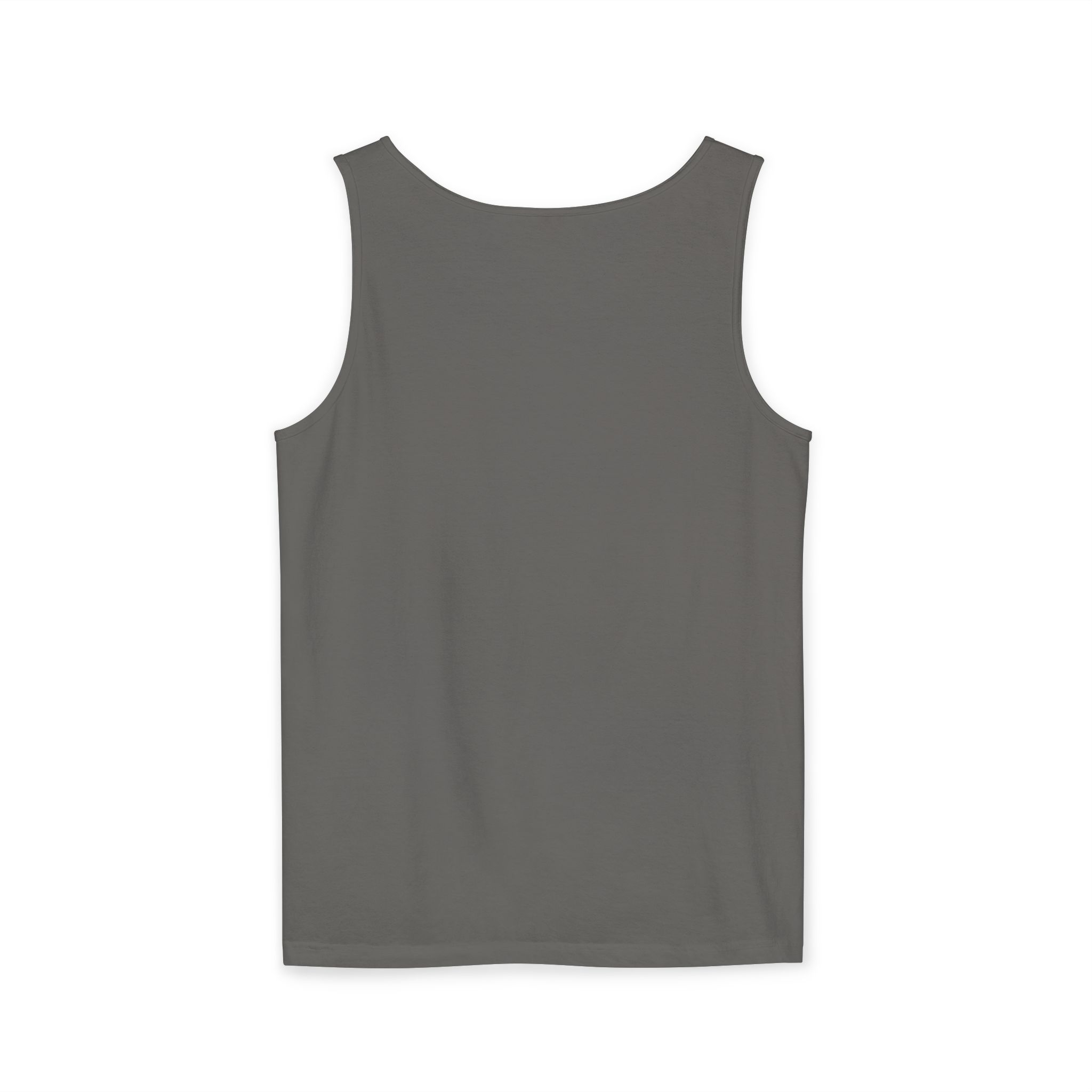 A plain gray tank top displayed from the back, showcasing its simple design and rounded neckline.