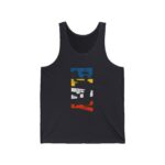 A black tank top featuring a vibrant graphic of a basketball player in motion, surrounded by colored stripes in blue, yellow, white, and red.