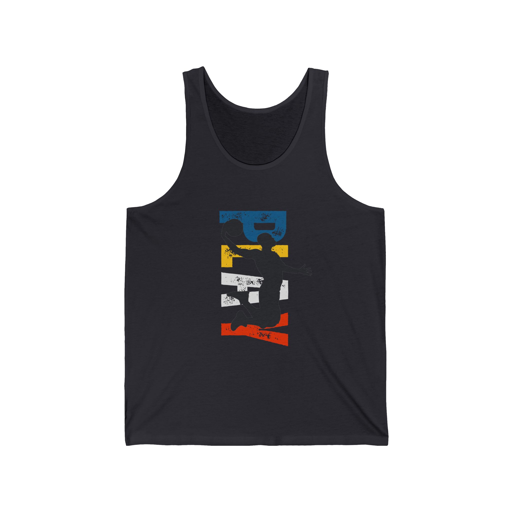 A black tank top featuring a vibrant graphic of a basketball player in motion, surrounded by colored stripes in blue, yellow, white, and red.