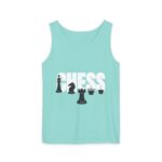 A light blue tank top featuring the word "CHESS" with stylized chess pieces displayed in front of it.