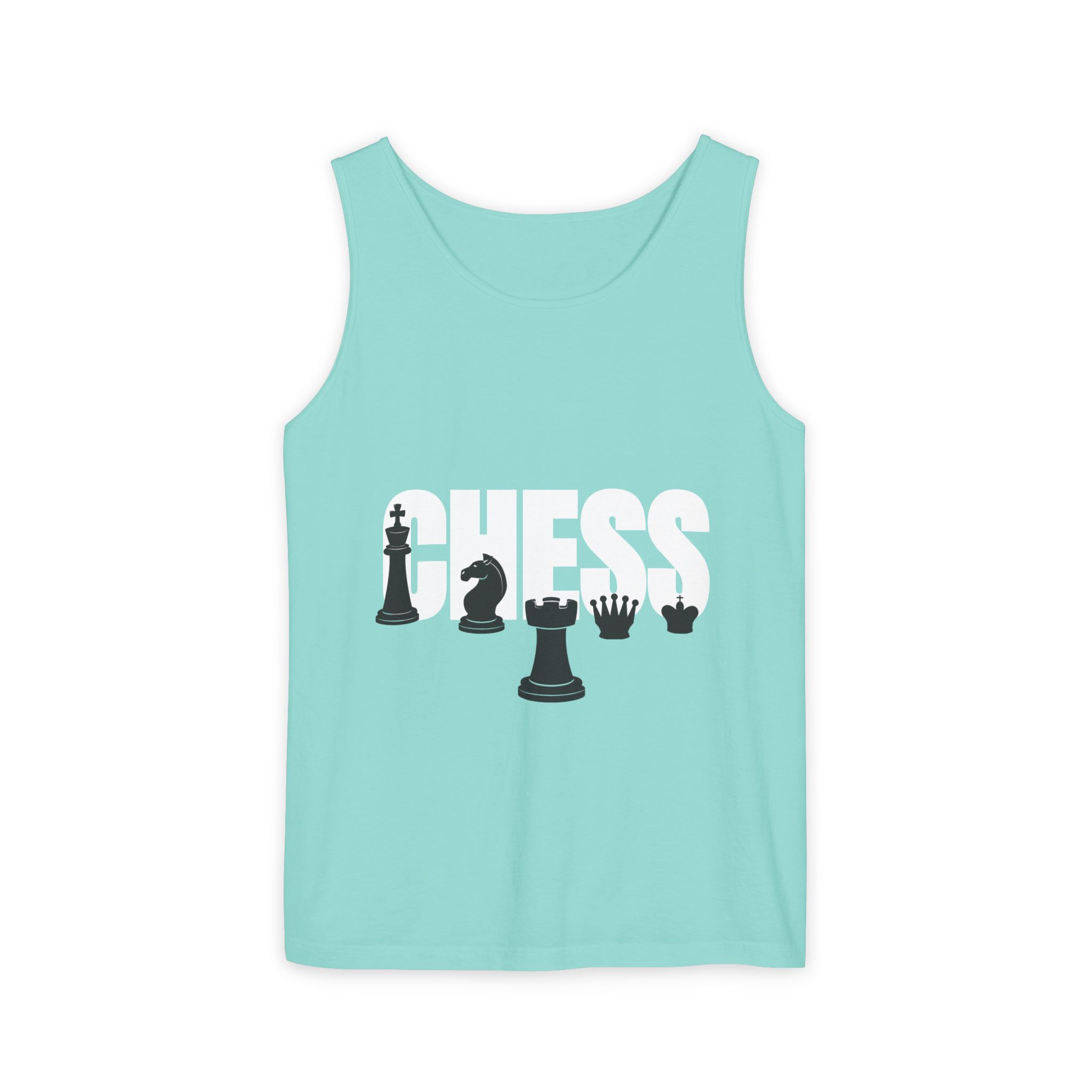 A light blue tank top featuring the word "CHESS" with stylized chess pieces displayed in front of it.