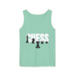 A mint green tank top featuring large white text spelling "CHESS" alongside black chess pieces, including a king, knight, queen, rook, and pawn.