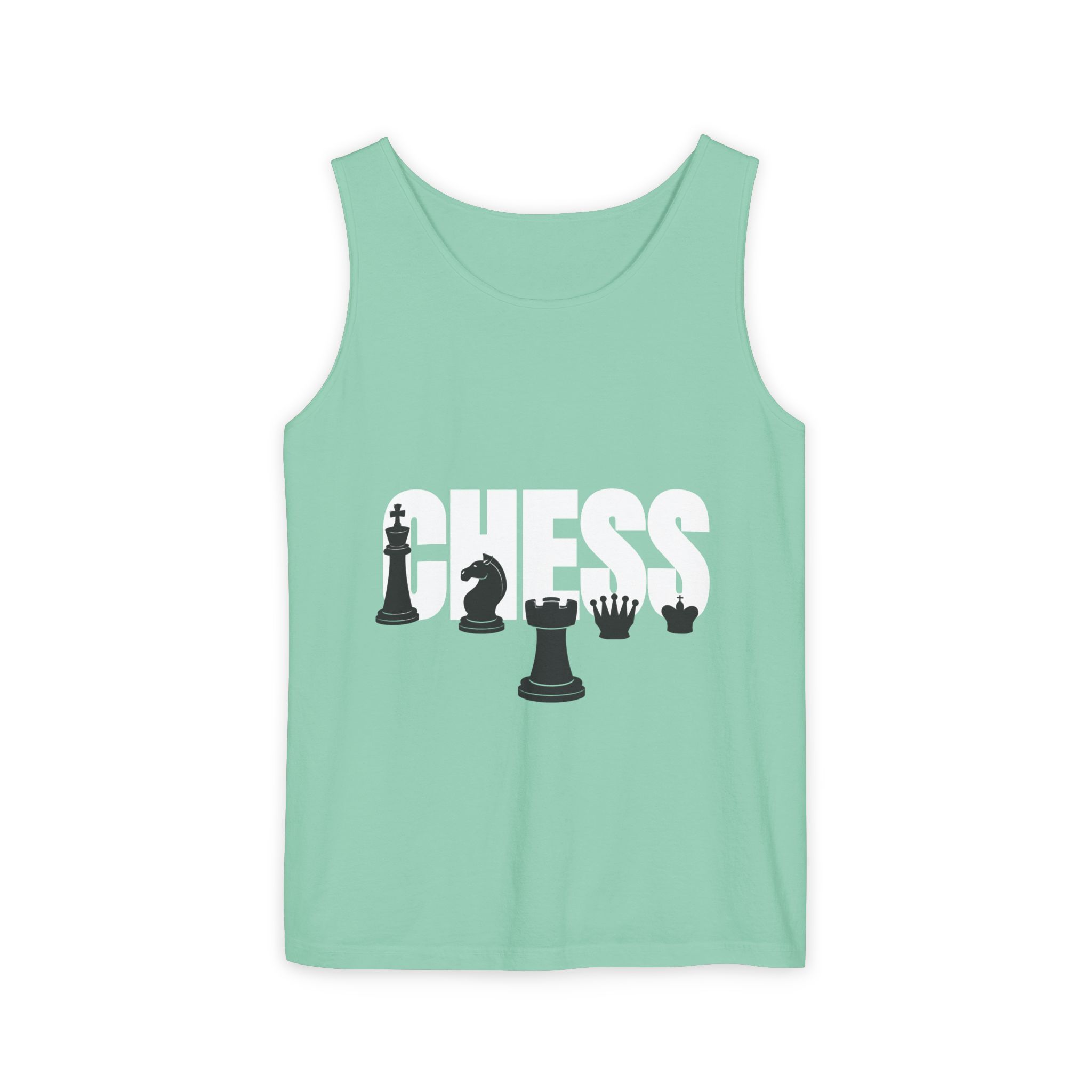A mint green tank top featuring large white text spelling "CHESS" alongside black chess pieces, including a king, knight, queen, rook, and pawn.
